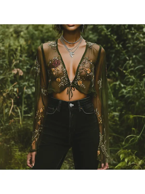 Women's Bohemia Embroidered Flower V-neck Drawstring Lace Shirt - Geocici.com 