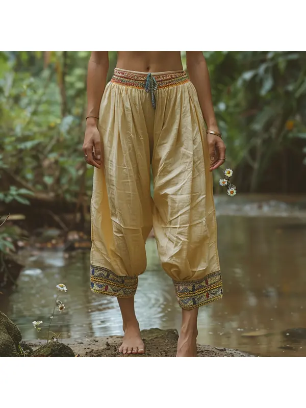 Vacation Ethnic Retro Oversized Cotton And Linen Trousers - Cominbuy.com 