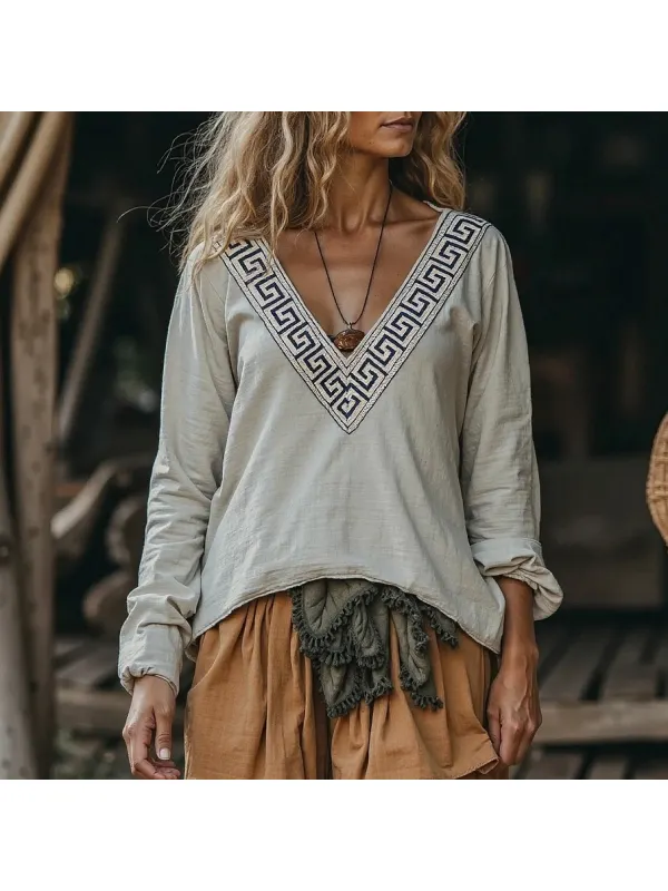 Vintage Greek Key Pattern V-neck Linen Blend T-shirt - Cominbuy.com 