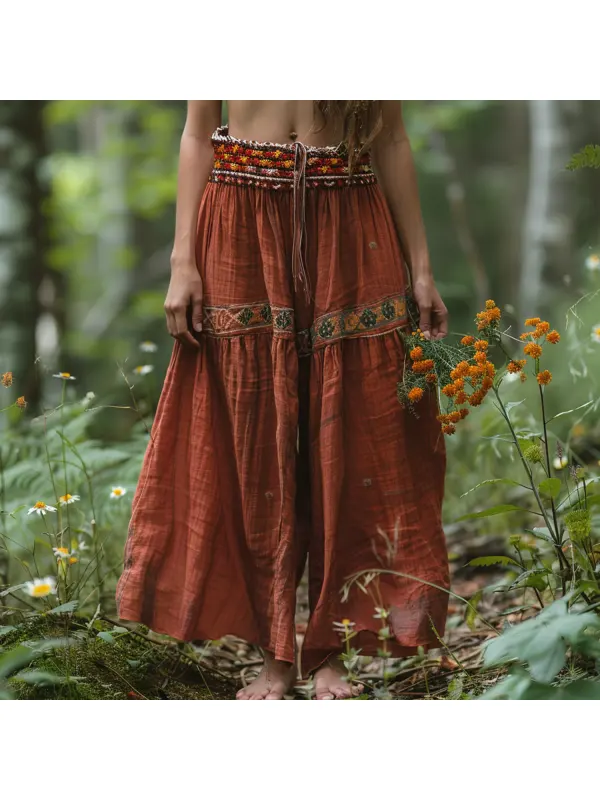 Casual Ethnic Print Oversized Cotton And Linen Trousers - Cominbuy.com 