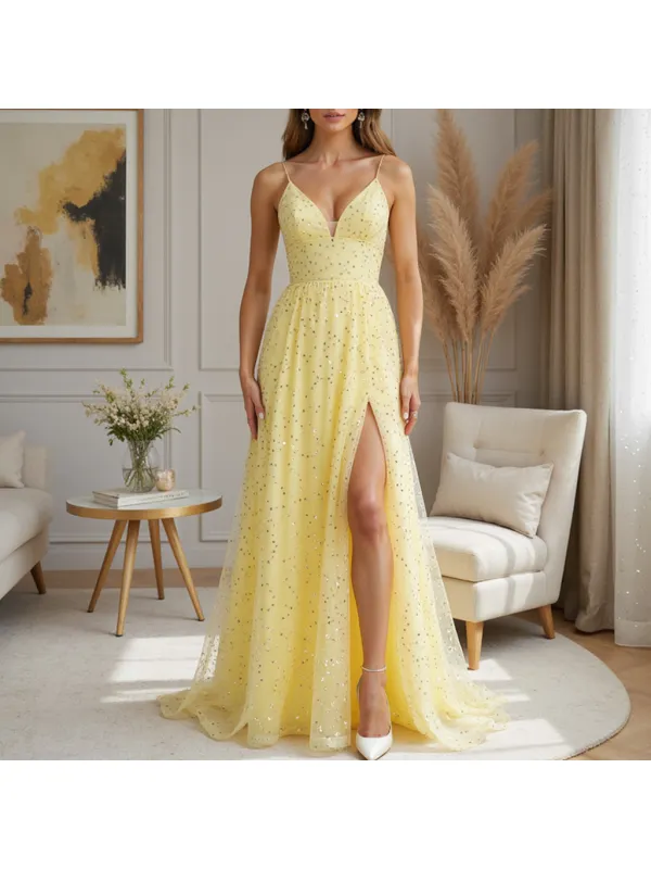 Women's Metallic Sequined Mesh Lace Suspender Semi-transparent Evening Dress Dress - Machoup.com 