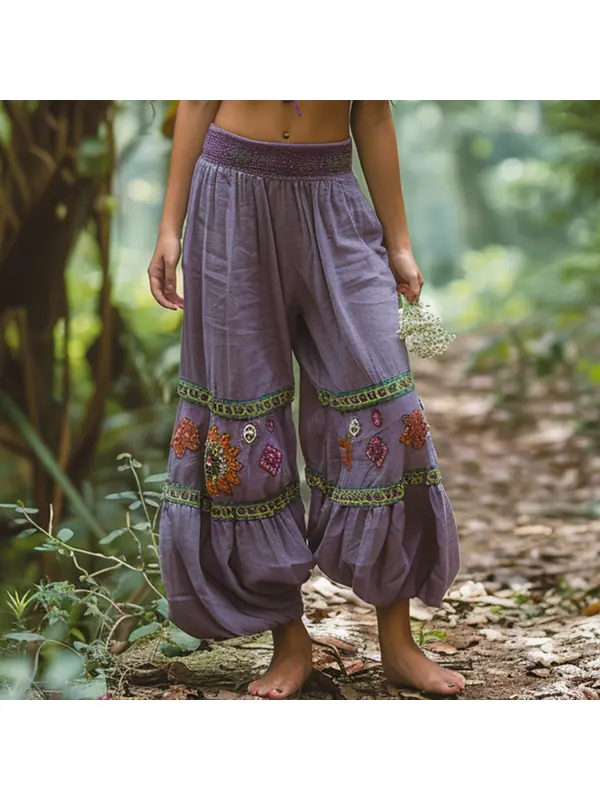 Outdoor Ethnic Print Oversized Cotton And Linen Trousers - Cominbuy.com 