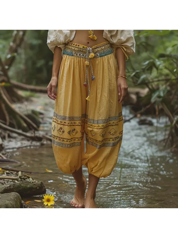 Resort Ethnic Print Retro Oversized Cotton And Linen Trousers - Cominbuy.com 