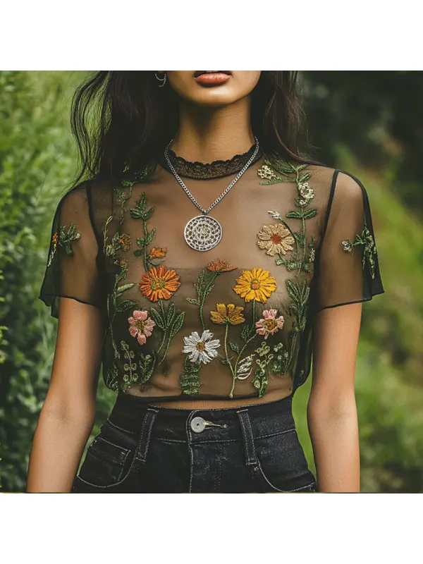 Women's Bohemia Embroidered Flower Round Neck Green Shirt - Geocici.com 