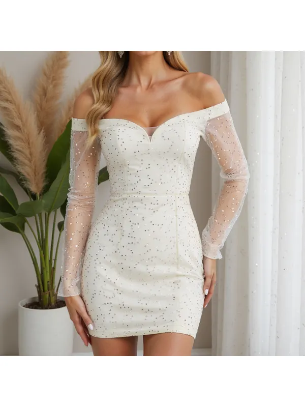 Women's Metal Sequined Mesh Lace Long-sleeved Off-shoulder Semi-transparent Short Dress - Cominbuy.com 