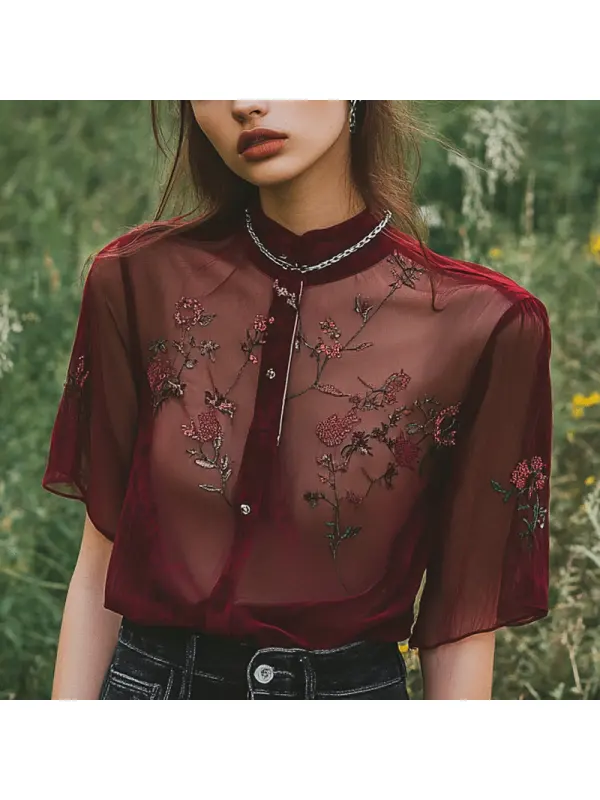 Women's Bohemia Embroidered Flower V-neck Shirt - Geocici.com 