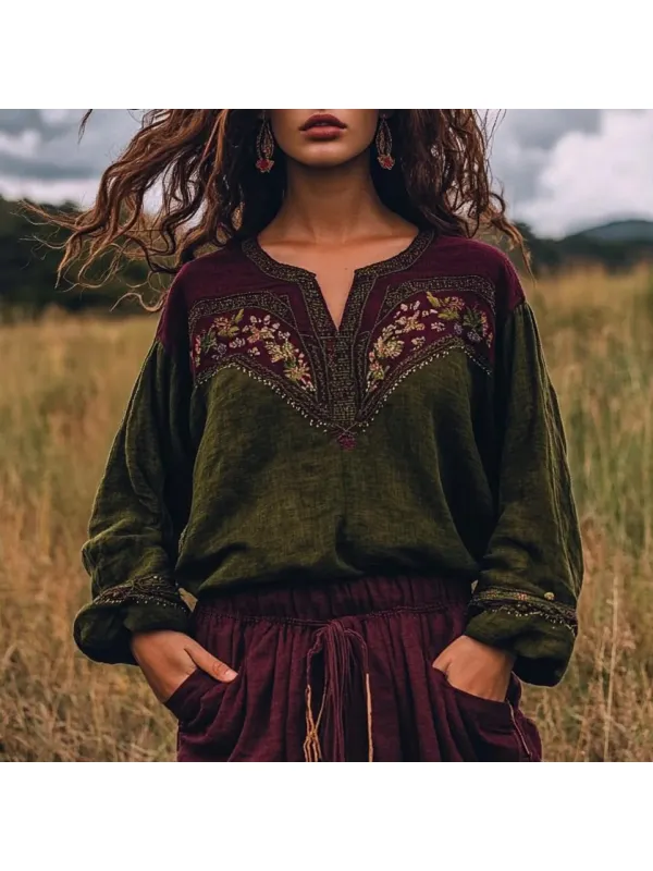 Boho Floral Tassel Art Linen Blend Loose Blouse - Cominbuy.com 