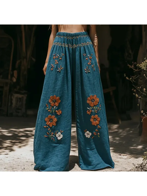 Women's Retro Linen Bohemian Ethnic Flowers Print Long Loose Wide-leg Trouser Pants - Realyiyi.com 