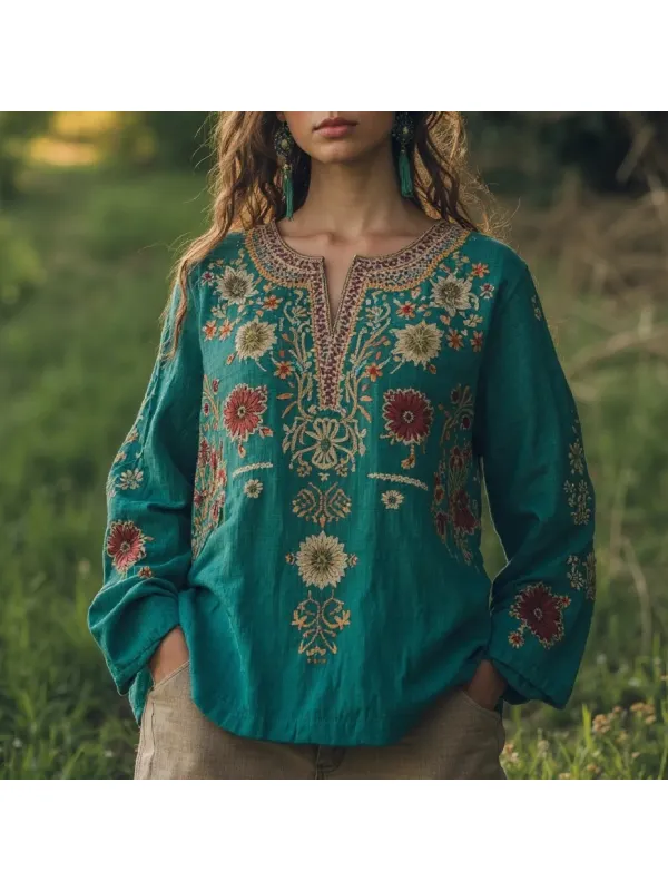 Retro Boho Floral Embroidery Printed Linen Blend Loose Blouse - Cominbuy.com 