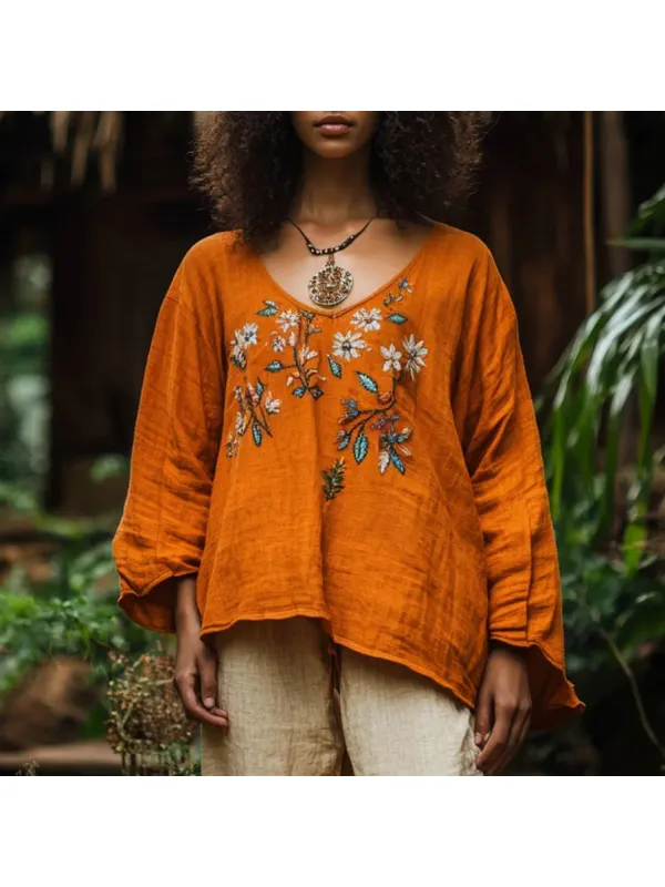 Retro Bohemian Floral Art Embroidery Print Cotton And Linen Blend Loose Blouse - Cominbuy.com 