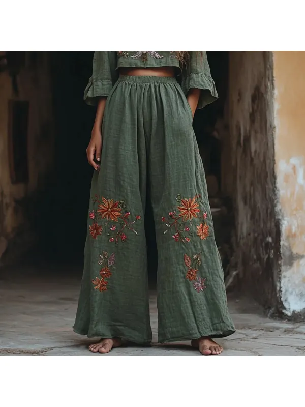 Women's Vintage Floral Embroidery Pattern Printed Linen Blend Casual Pants - Cominbuy.com 