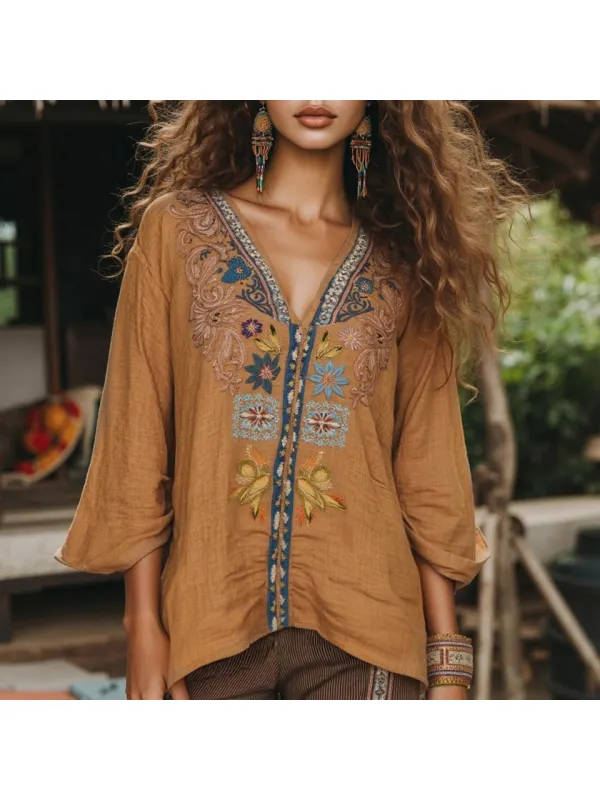 Retro Floral Tribal Embroidery Printed Art Cotton And Linen Blend Loose Blouse - Cominbuy.com 
