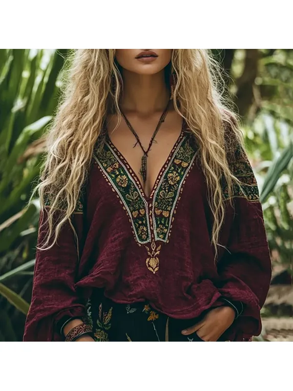 Retro Tribal Embroidery Print Cotton Linen V Neck Loose Blouse - Cominbuy.com 