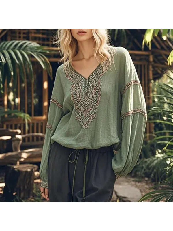Casual Ethnic Style Embroidered Linen V-neck Long-sleeved Shirt - Cominbuy.com 