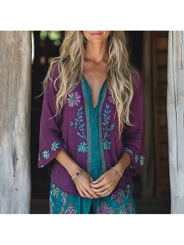 Retro Boho Tribal Floral Embroidery Print Cotton And Linen Blend Loose Blouse - Cominbuy.com 