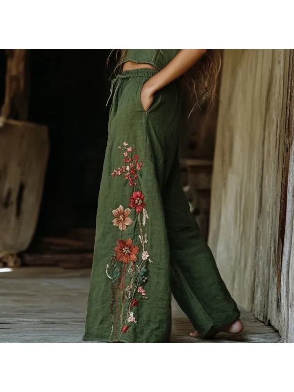 Women's Retro Linen Bohemian Flowers Ethnic Print Long Loose Wide-leg Trouser Pants - Cominbuy.com 