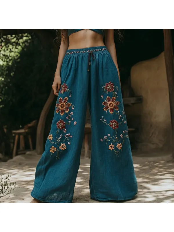 Women's Retro Linen Bohemian Ethnic Flowers Art Long Loose Wide-leg Trouser Pants - Realyiyi.com 