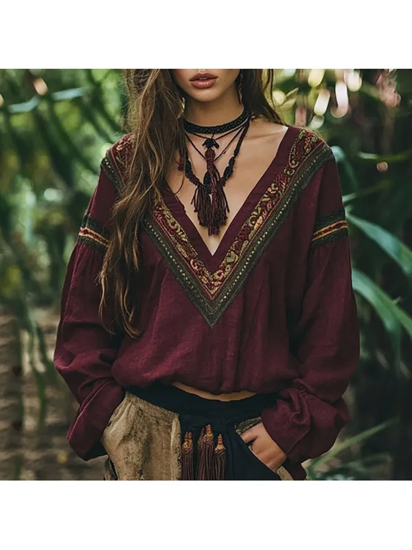 Retro Tribal Embroidery Print Cotton Linen Blend Loose Blouse - Machoup.com 