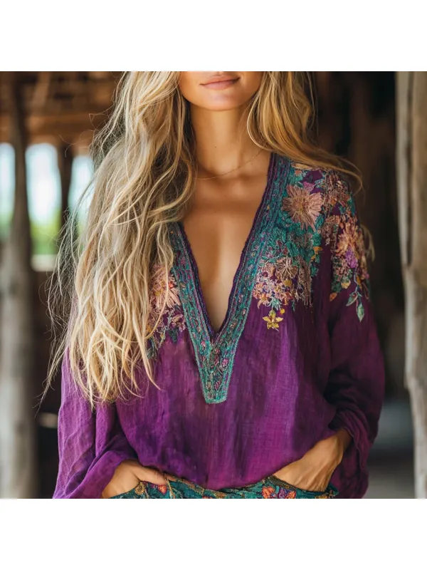 Retro Boho Floral Tribal Embroidery Print Cotton And Linen Blend Loose Blouse - Cominbuy.com 