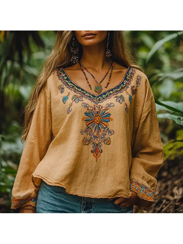 Retro Floral Tribal Embroidery Printed Art Cotton And Linen Blend Loose Blouse - Cominbuy.com 