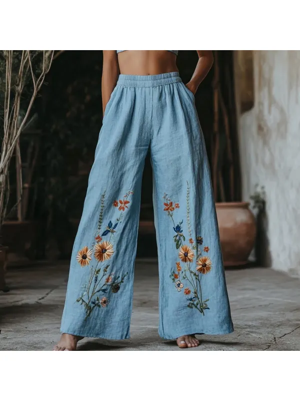Women's Floral Embroidery Pattern Printed Linen Blend Casual Pants - Cominbuy.com 