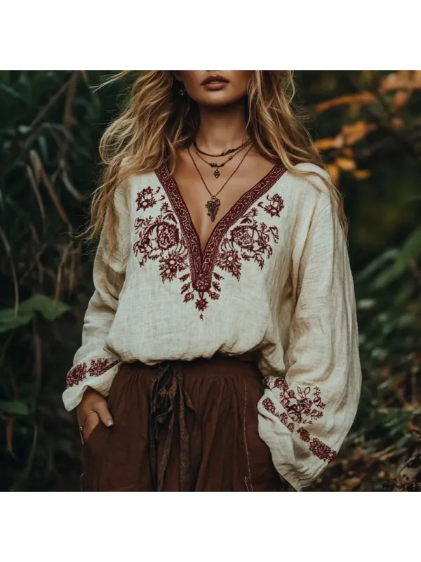 Vintage Floral Embroidery Printed Art Linen V-neck Blouse - Cominbuy.com 