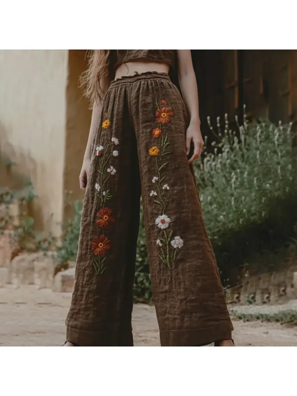 Women's Retro Linen Floral Boho Loose Wide-leg Trouser Pants - Cominbuy.com 