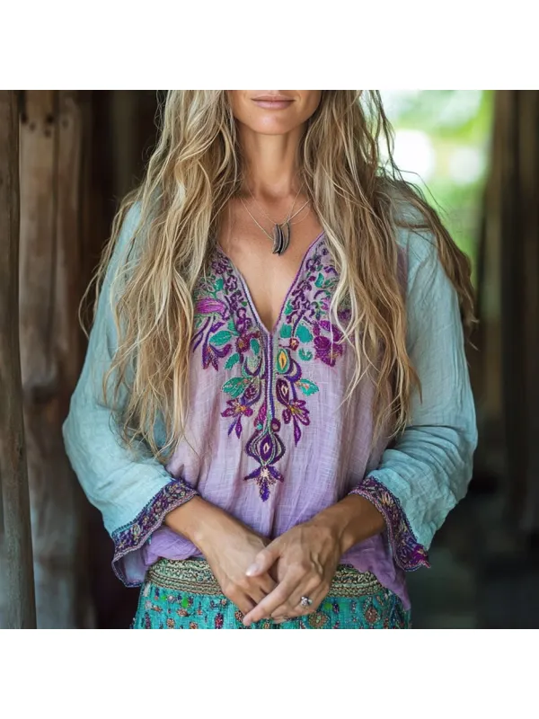 Boho Floral Tribal Embroidery Print Cotton And Linen Blend Loose Blouse - Cominbuy.com 
