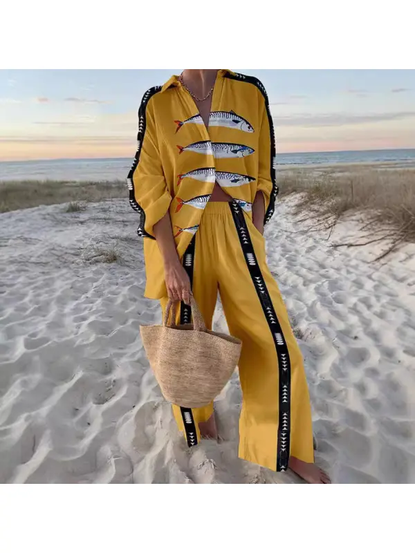 Vintage Plaid Lemon Fish Print Two-piece Set - Cominbuy.com 