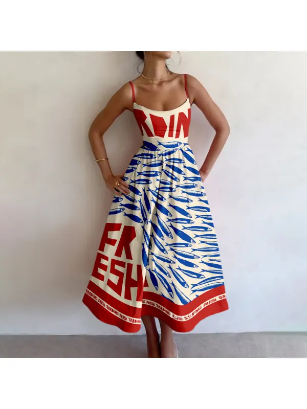 Vintage Sardine Print Suspender Dress - Cominbuy.com 
