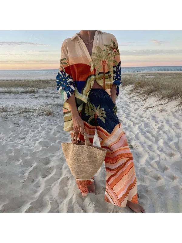 Sunset Palms Print Relaxed Two-Piece Set - Cominbuy.com 