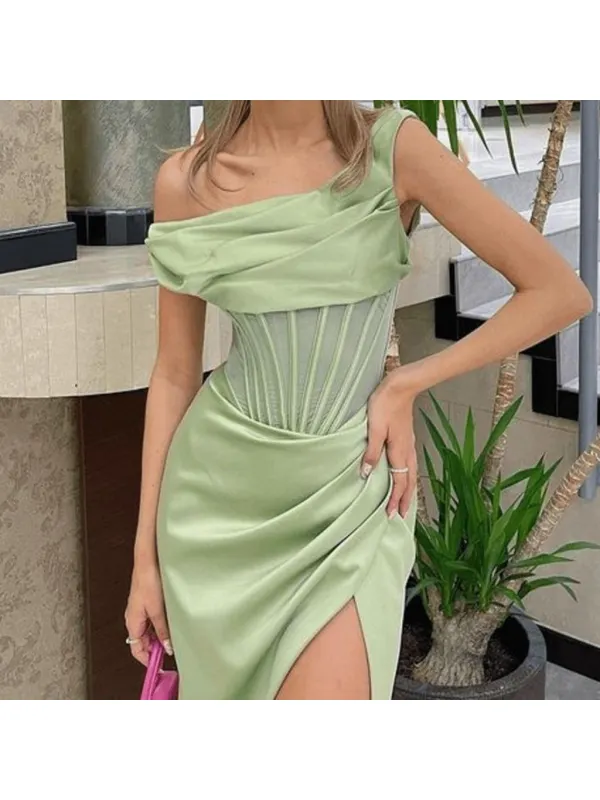 Woman In Elegant Satin Off-shoulder Dress - Viewbena.com 