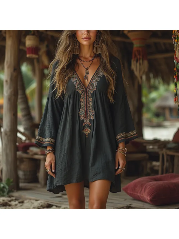 Women's Casual Cotton And Linen Retro Ethnic Loose Top Dress - Cominbuy.com 