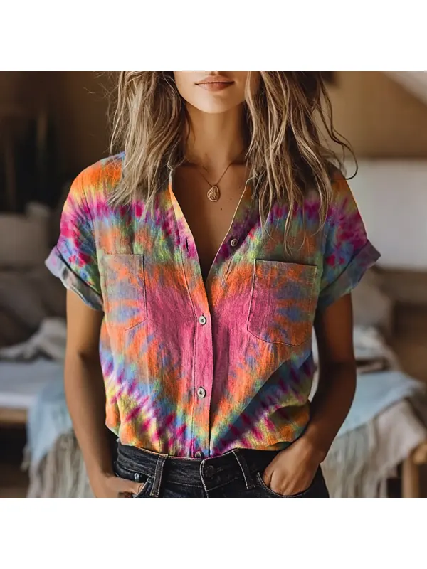 Women's Retro Tie Dye Print Short Sleeve Pocket Cotton Shirt - Cominbuy.com 