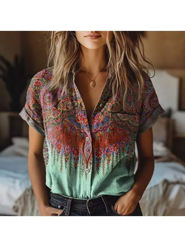 Women's Bohemian Ethnic Patterns Print Short Sleeve Pocket Cotton Shirt - Realyiyi.com 