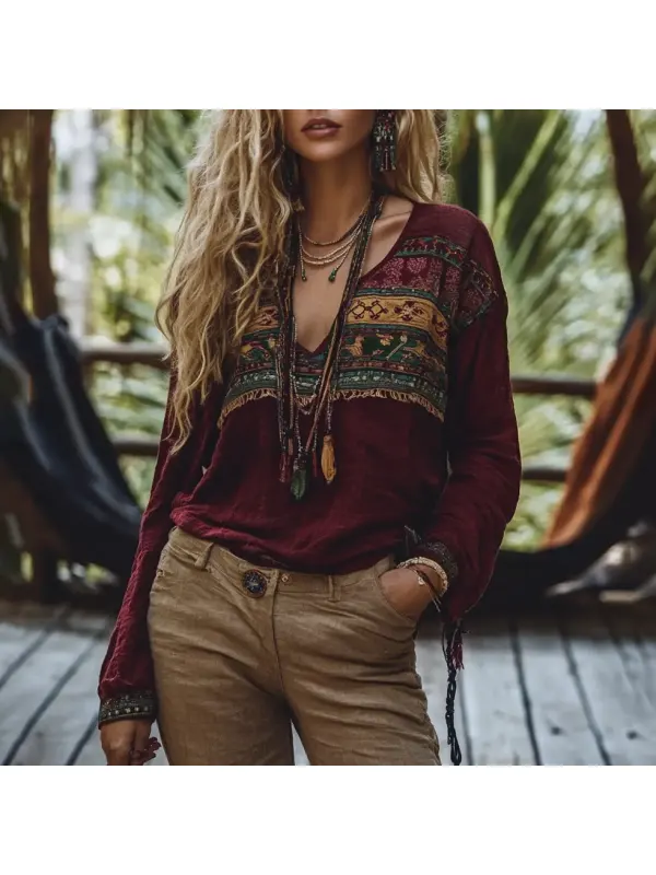Vintage Ethnic Style Embroidered Printed Linen V-Neck Shirt - Cominbuy.com 