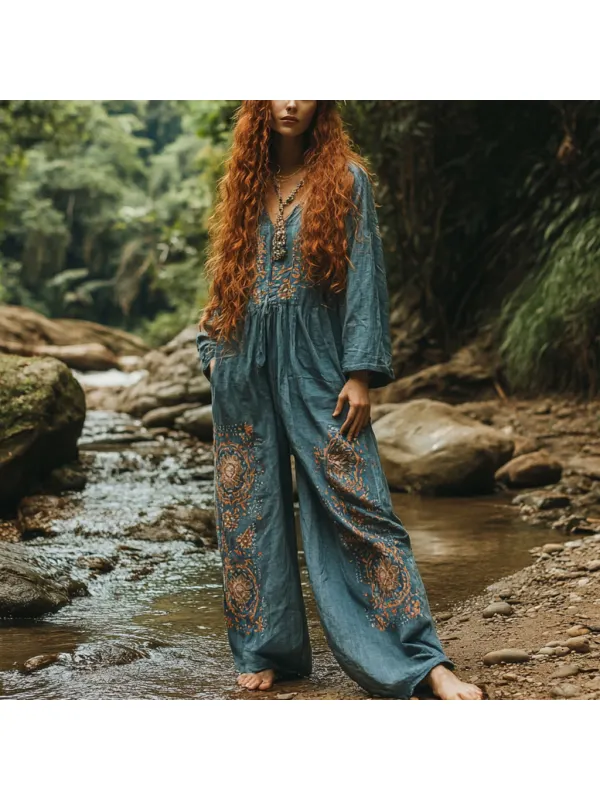 Women's Bohemian Holiday Style Vintage Embroidered Floral Totem Print Casual Jumpsuit - Cominbuy.com 