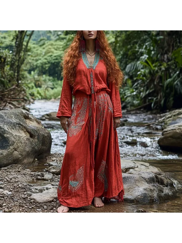 Women's Bohemian Holiday Style Vintage Embroidered Floral Totem Print Casual Jumpsuit - Realyiyi.com 