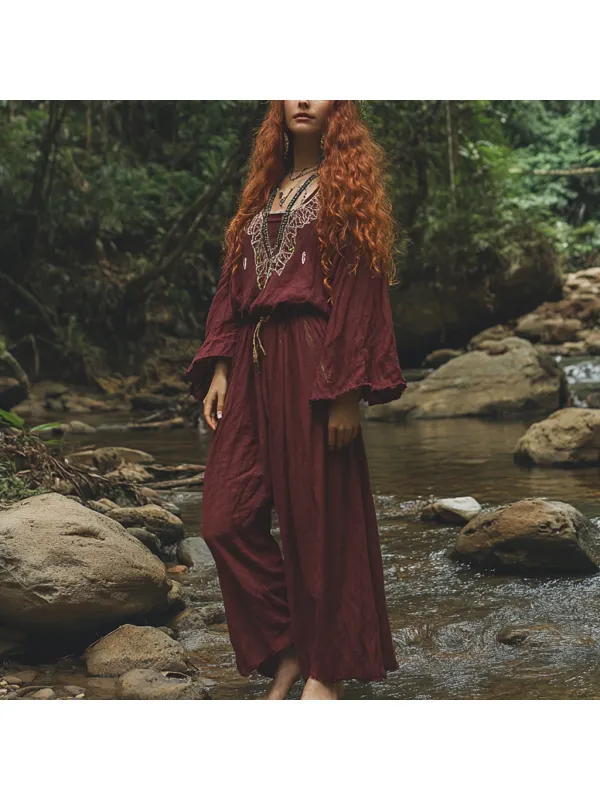 Women's Bohemian Holiday Style Vintage Embroidered Floral Totem Print Casual Jumpsuit - Realyiyi.com 