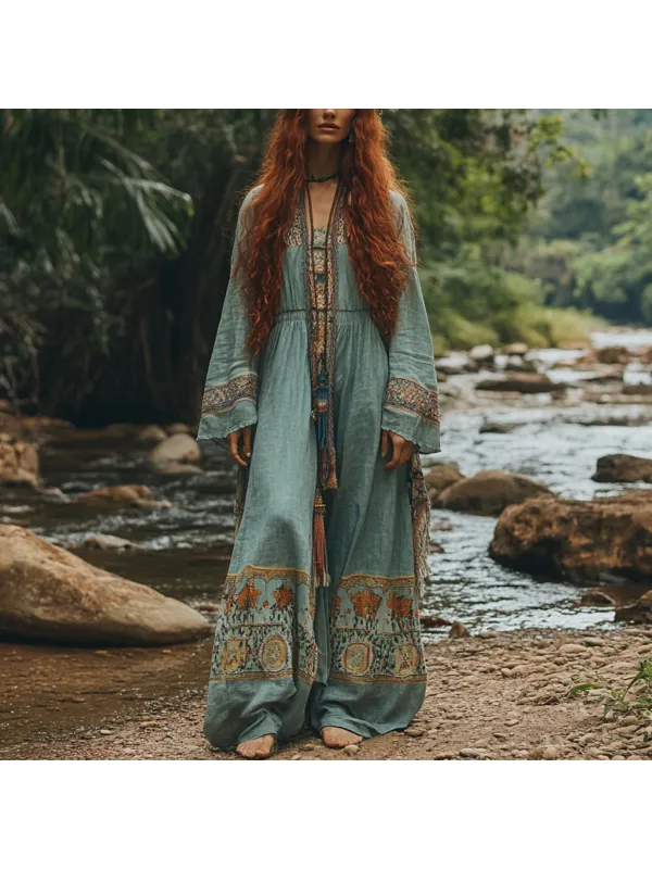 Women's Bohemian Holiday Style Vintage Embroidered Floral Totem Print Casual Jumpsuit - Realyiyi.com 