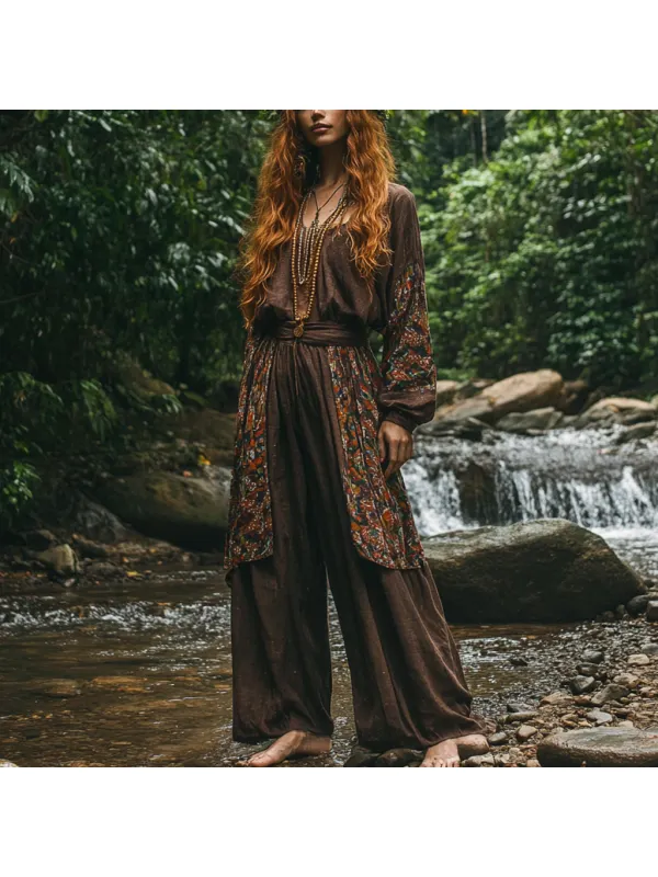 Women's Bohemian Holiday Style Vintage Embroidered Floral Totem Print Casual Jumpsuit - Cominbuy.com 