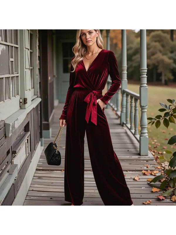 Solid Color Long Sleeve Jumpsuit V Neck Straight Pants - Viewbena.com 