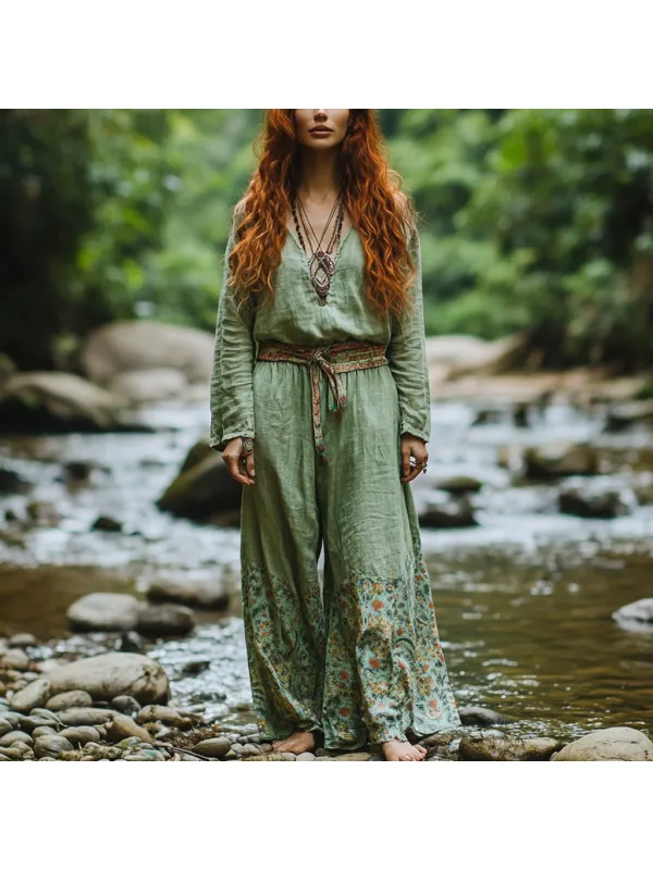 Women's Bohemian Holiday Style Vintage Embroidered Floral Totem Print Casual Jumpsuit - Realyiyi.com 