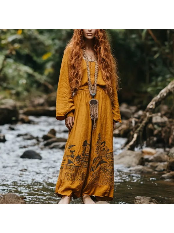 Women's Bohemian Holiday Style Vintage Embroidered Floral Totem Print Casual Jumpsuit - Realyiyi.com 