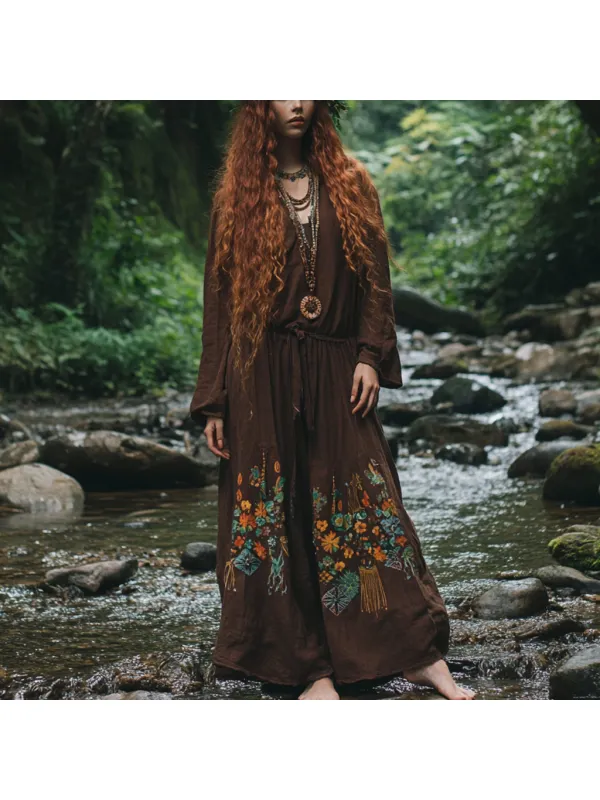 Women's Bohemian Holiday Style Vintage Embroidered Floral Totem Print Casual Jumpsuit - Viewbena.com 