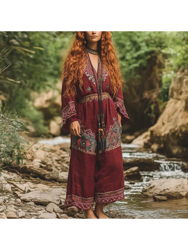 Women's Bohemian Holiday Style Vintage Embroidered Floral Totem Print Casual Jumpsuit - Realyiyi.com 