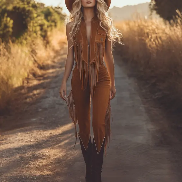 Western Fringed Brown Suede Vest Zip-Up Jumpsuit - Cotosen.com 