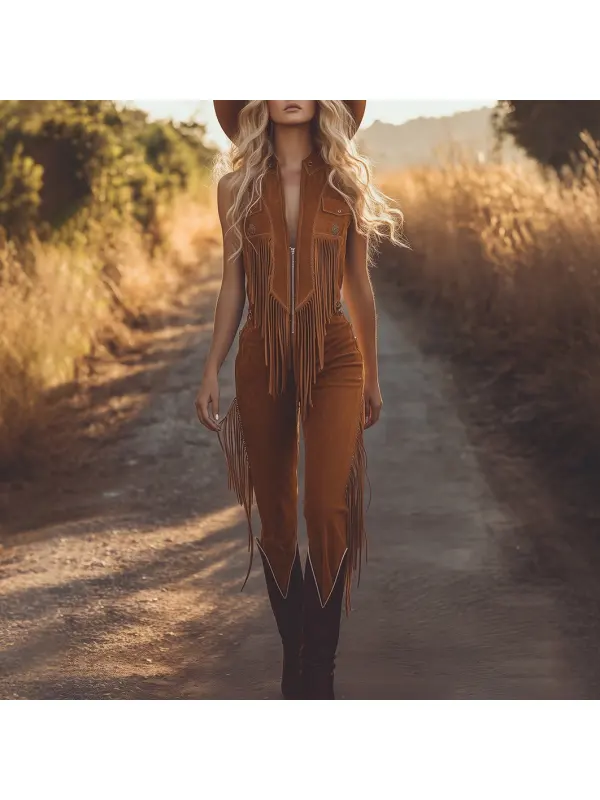 Western Fringed Brown Suede Vest Zip-Up Jumpsuit - Viewbena.com 