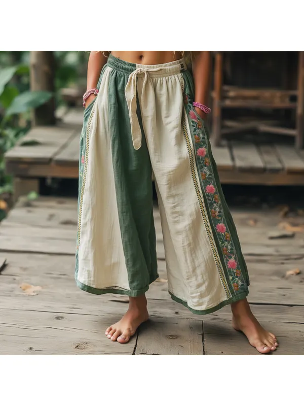 Women's Vintage Embroidered Cotton And Linen Long Wide Leg Loafers - Viewbena.com 