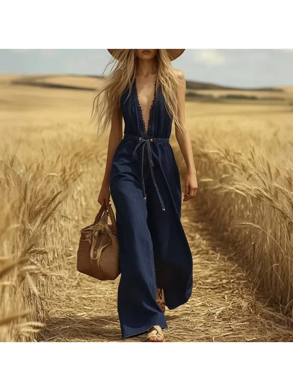 Personalized V-neck Sleeveless Waist Drawstring Dark Blue Denim Jumpsuit - Viewbena.com 
